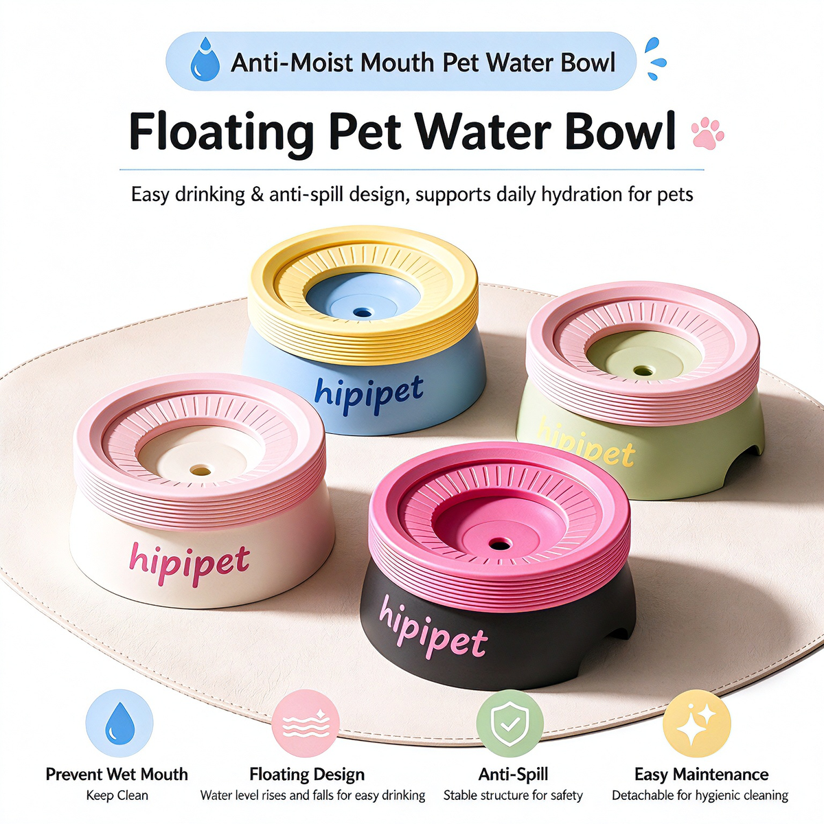 New dog bowl with a non-wetting mouth and floating water bowl