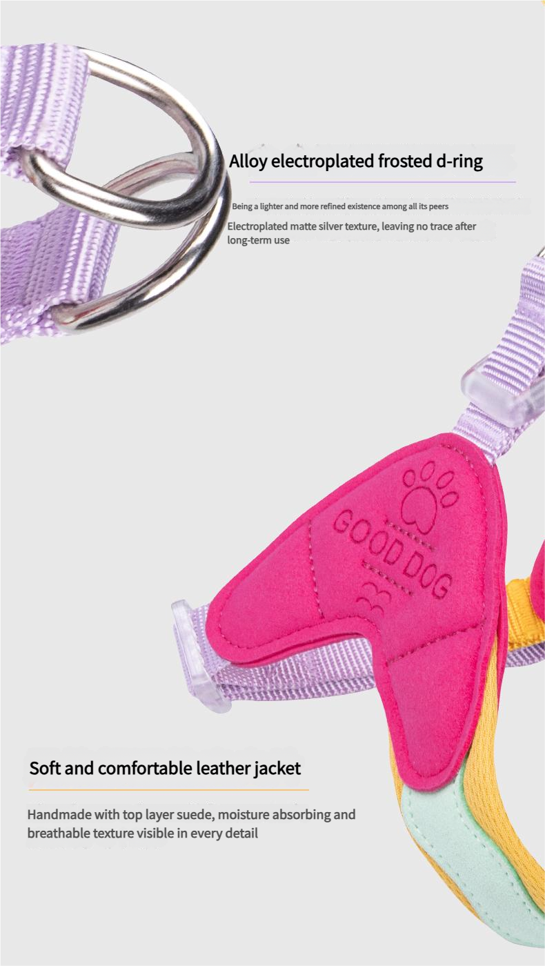 The dog harness with dopamine - inspired color combinations is soft and comfortable.