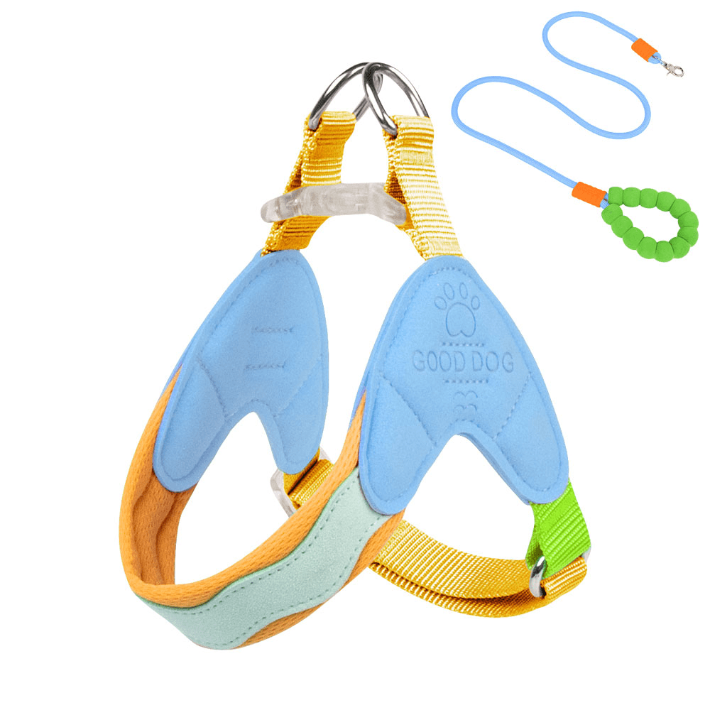 The dog harness with dopamine - inspired color combinations is soft and comfortable.