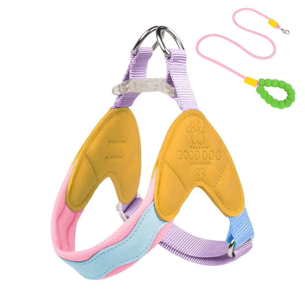 The dog harness with dopamine - inspired color combinations is soft and comfortable.