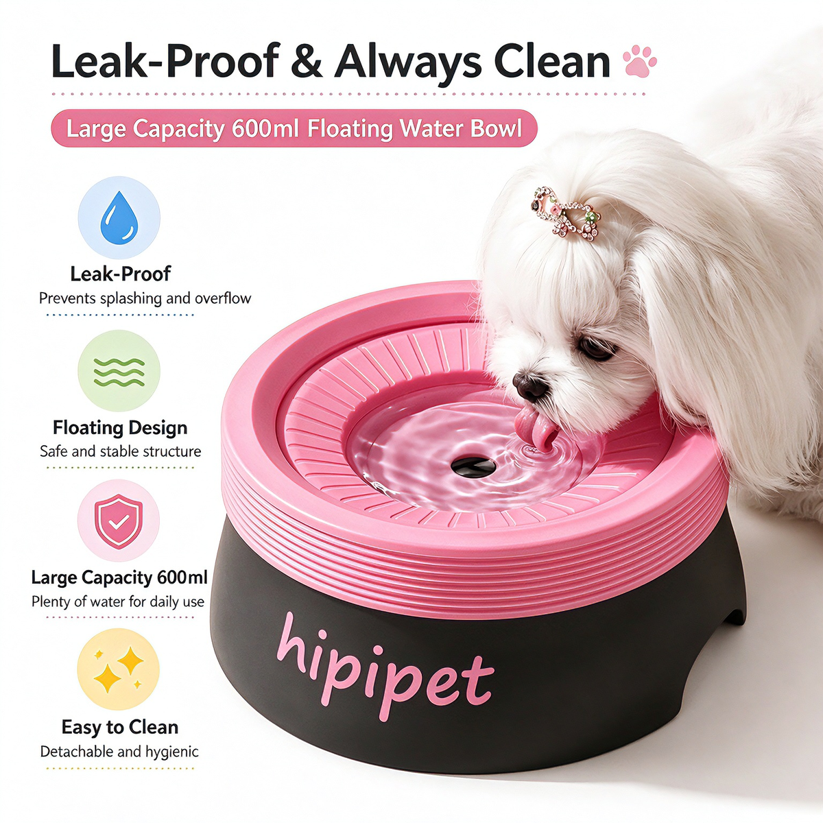 New dog bowl with a non-wetting mouth and floating water bowl