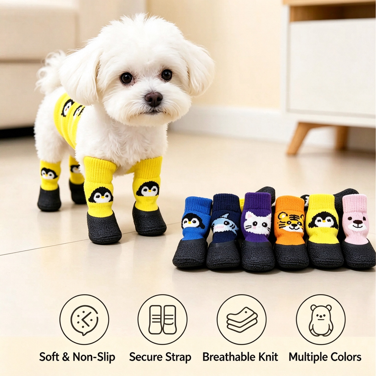 Non-Slip Dog Socks with Rubber Soles, Cute Cartoon Knit Pet Shoes for Small Dogs, Soft Paw Protection for Indoor Floors