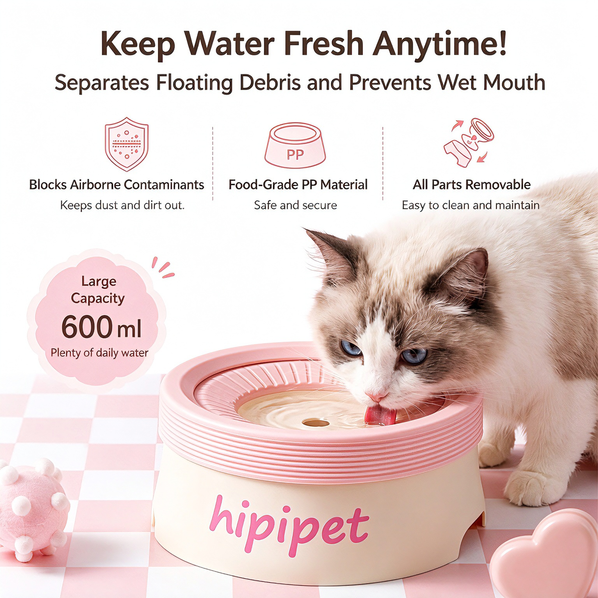 New dog bowl with a non-wetting mouth and floating water bowl