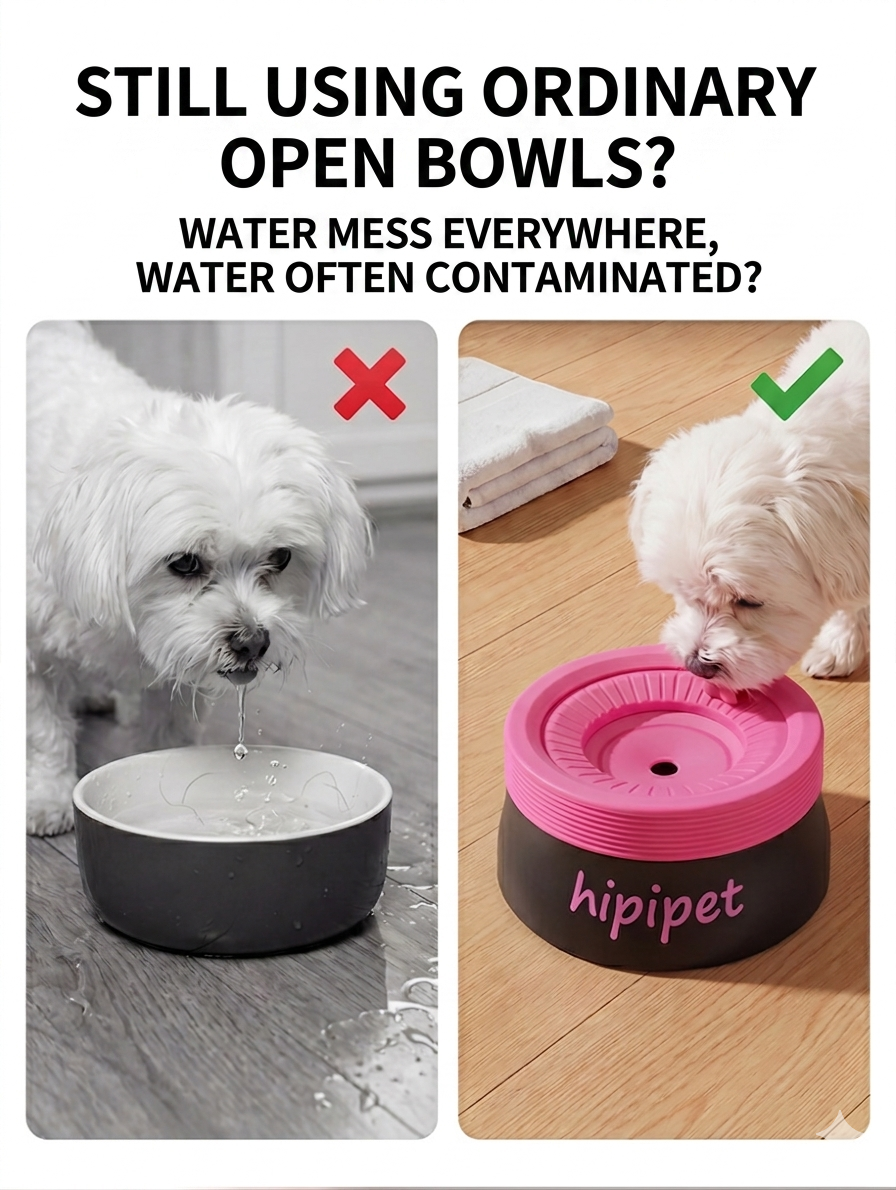 New dog bowl with a non-wetting mouth and floating water bowl