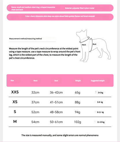 The dog harness with dopamine - inspired color combinations is soft and comfortable.