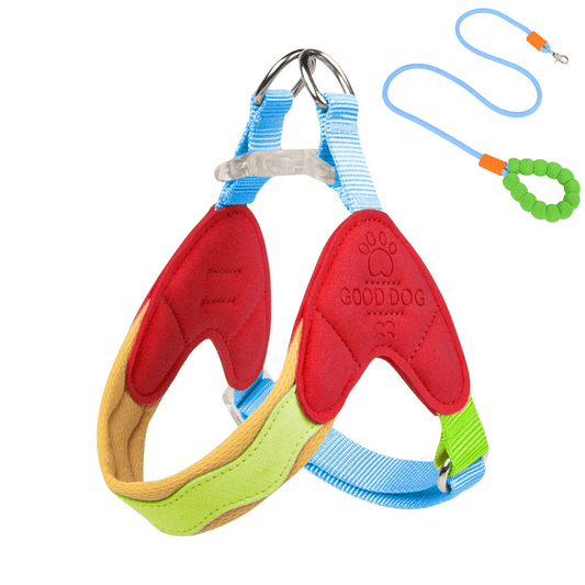 The dog harness with dopamine - inspired color combinations is soft and comfortable.