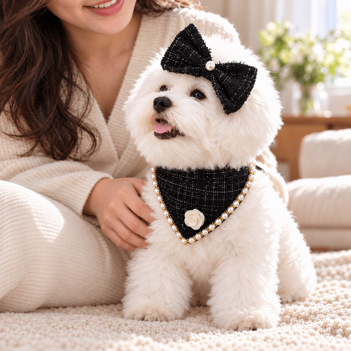 Pearl-Trim Pet Scarf & Bow Set